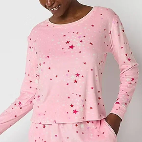 Pajamas Velour LG XL 2 Pc Set - Top Shorts Pink Red Stars Pjs Lounge Sleep New - Picture 2 of 4